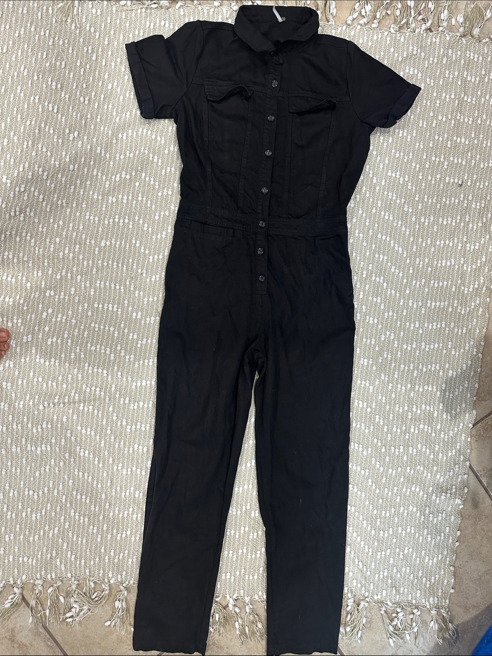 Black Short-Sleeve women Piece Button Jumpsuit